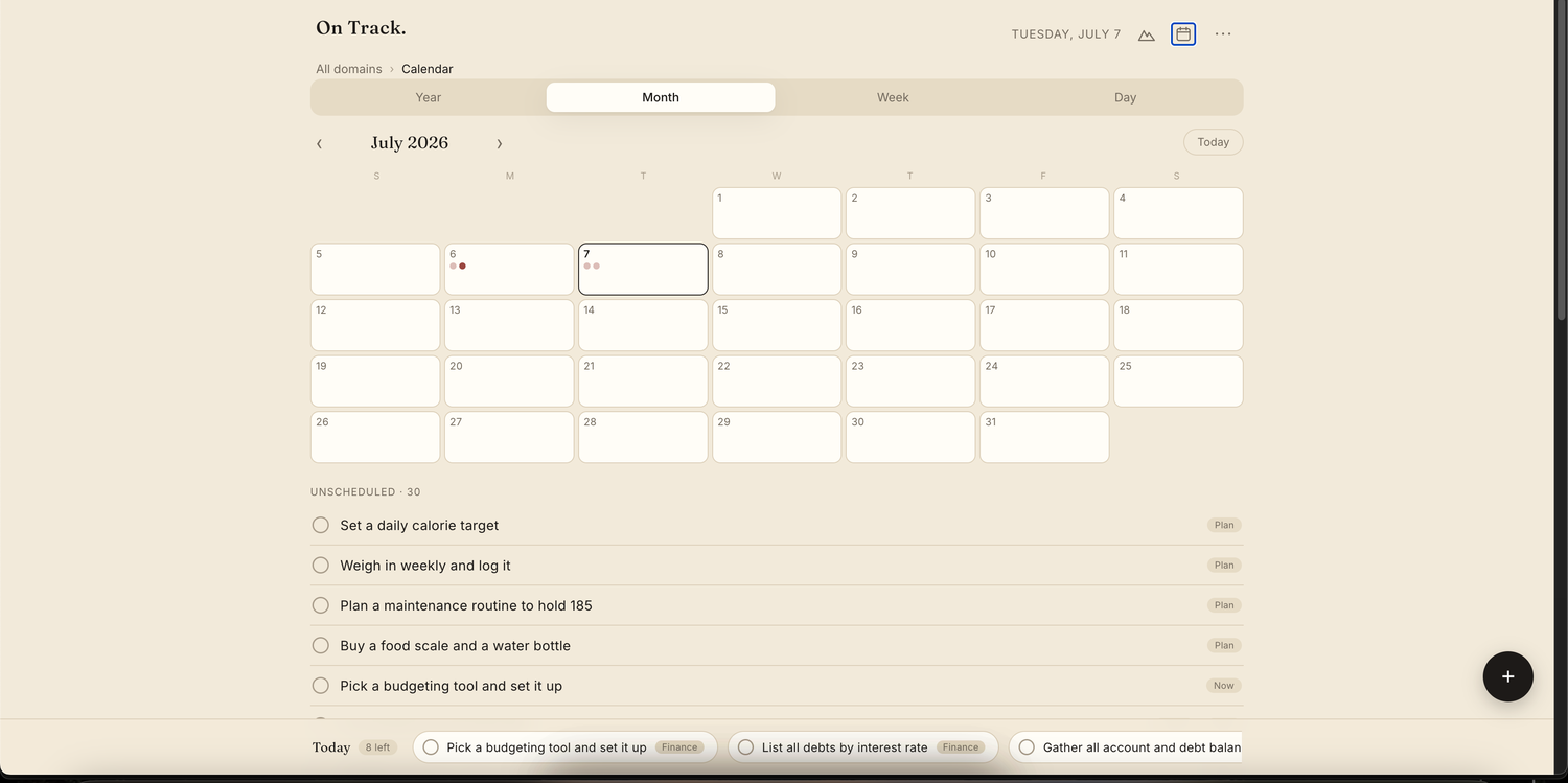 On Track, the calendar: year, month, week and day views with tasks and milestone deadlines.